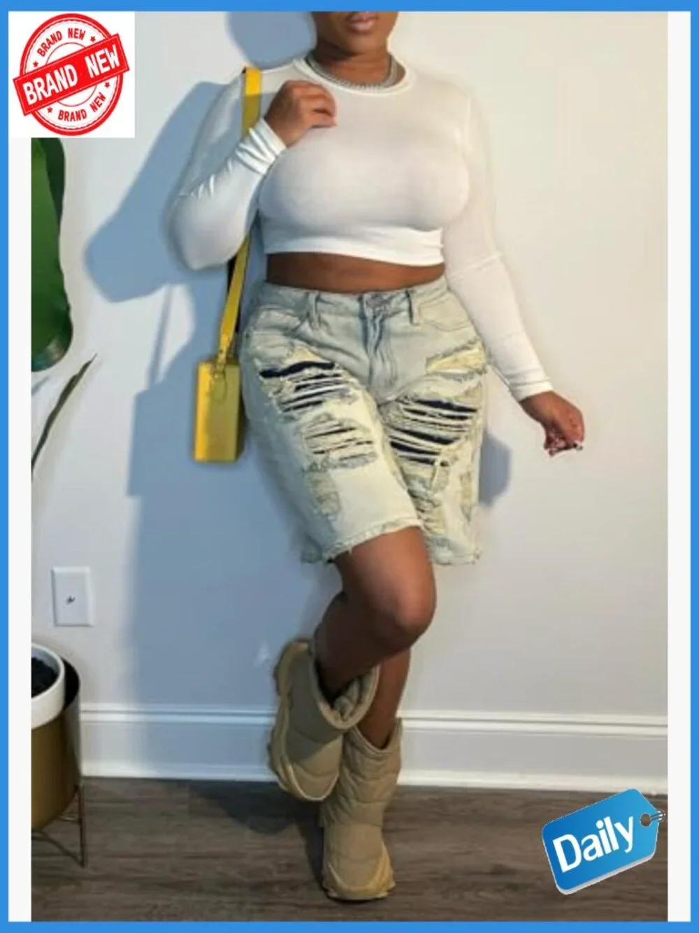 High Rise Baggy Ripped Denim Shorts Straight Wide Leg Y2K Casual Bermuda Cargo